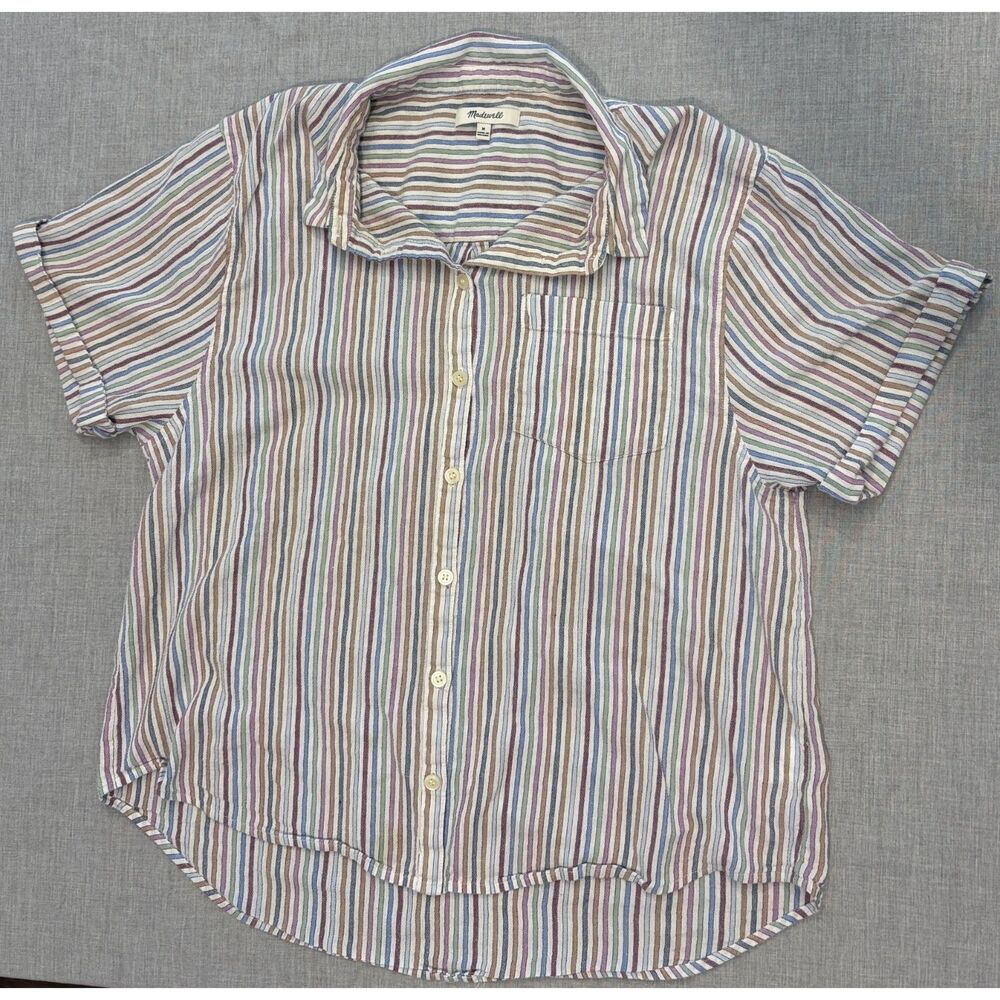 Madewell Button Up Top Short Sleeve Shirt Striped Blouse Size M